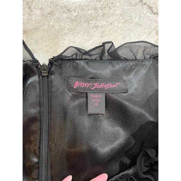 Betsy Johnson Silk Fit Flare Ruffle Embroidered Short Little Black Dress Size 10 - Picture 9 of 11